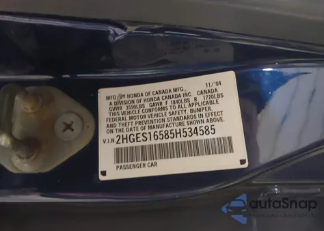 2005 Honda Civic Lx из США, поврежденный, VIN 2HGES16585H534585